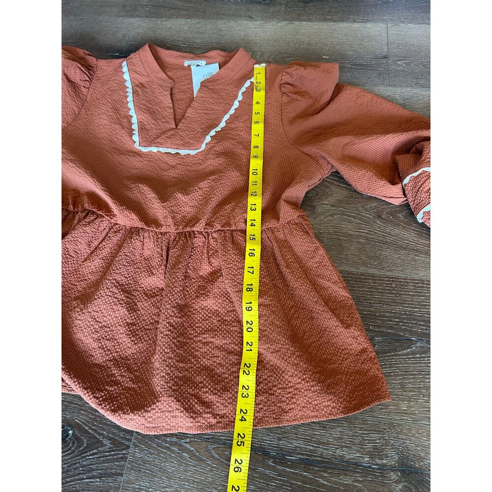 NWT Jodifl XL Rust Textured Peplum Blouse Scallop Trim Puff Sleeve Top - Picture 8 of 9